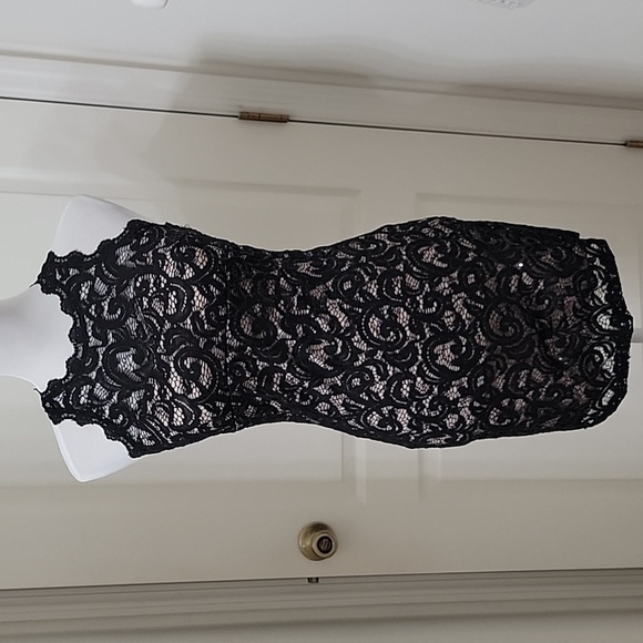 Sequin Hearts Size 3 Black Lace Sleeveless over Nude Strapless Cocktail Dress - Picture 1 of 12